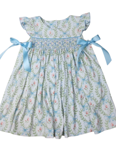 Three Sisters Hand Picked Smocked Blue Bow Dress