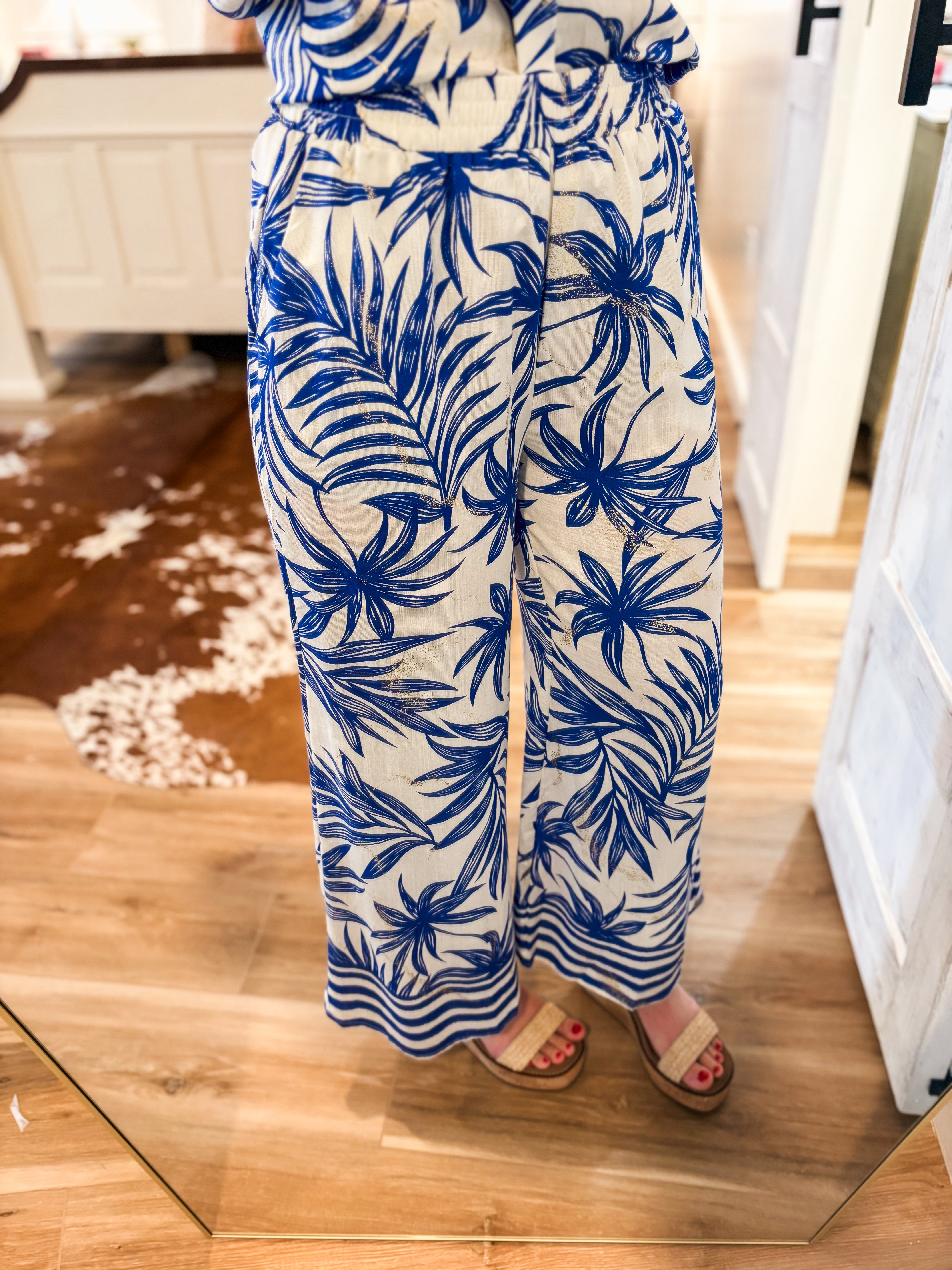 Secret Getaway Royal Blue Palm Blouse & Pant Set