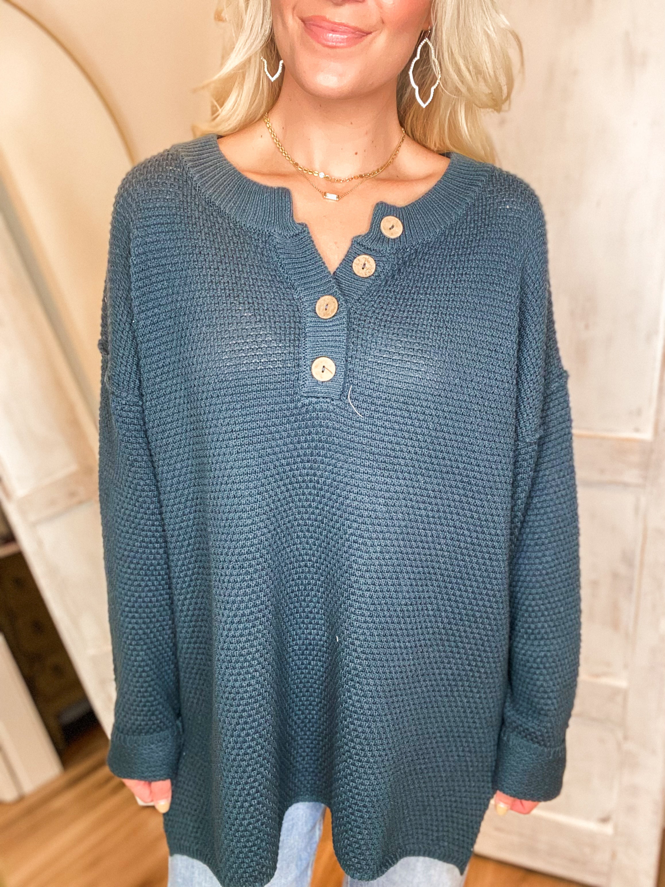 Great Feeling Oversize Teal Henley Blouse