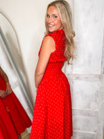 Load image into Gallery viewer, American Girl Red Polka Dot Front Zip Midi Dress
