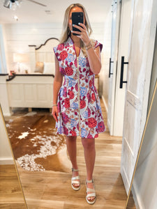 It's In The Air Blue Floral Front Zip Mini Dress