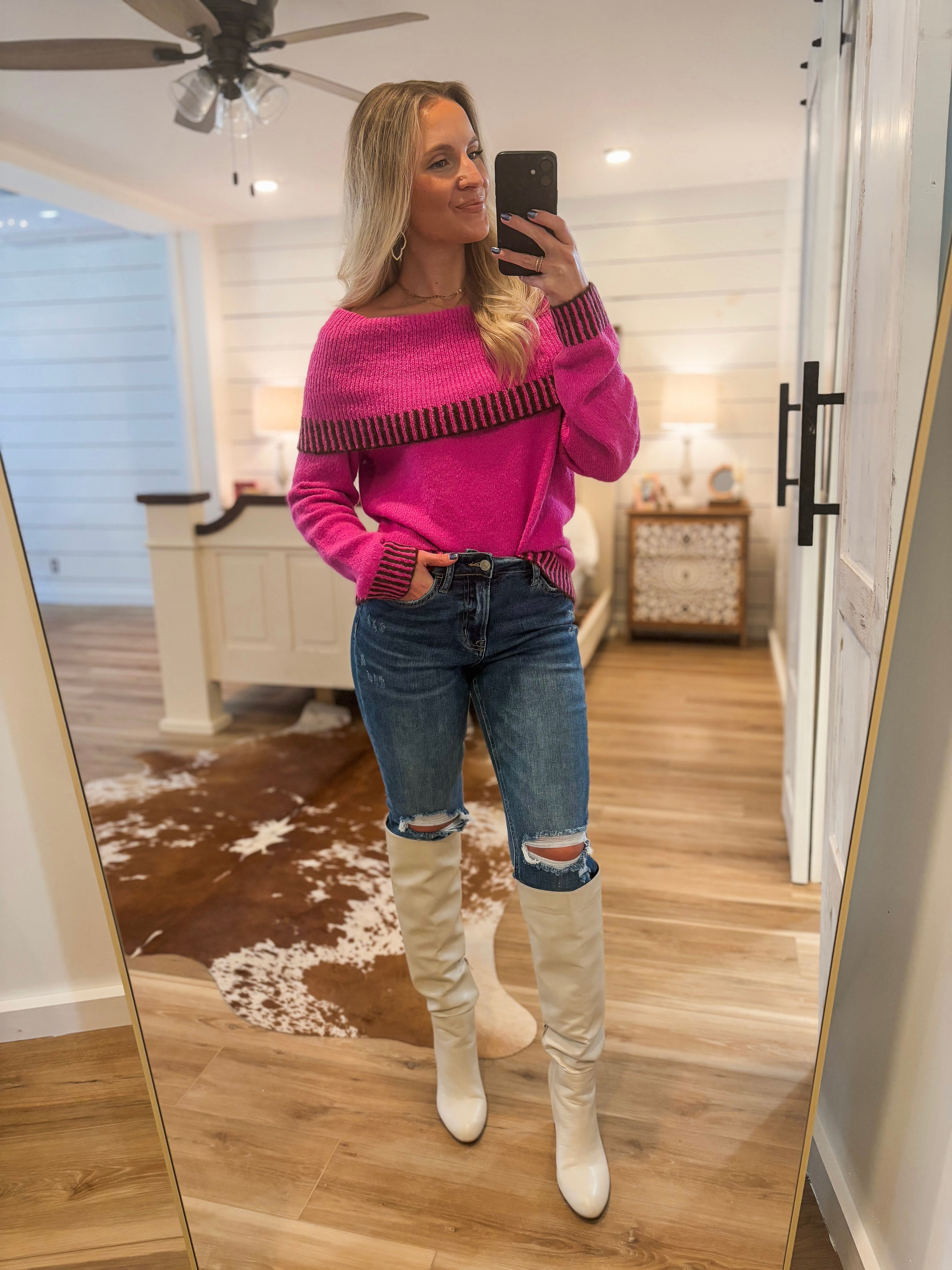 Faith In You Magenta Contrast Cold Shoulder Sweater