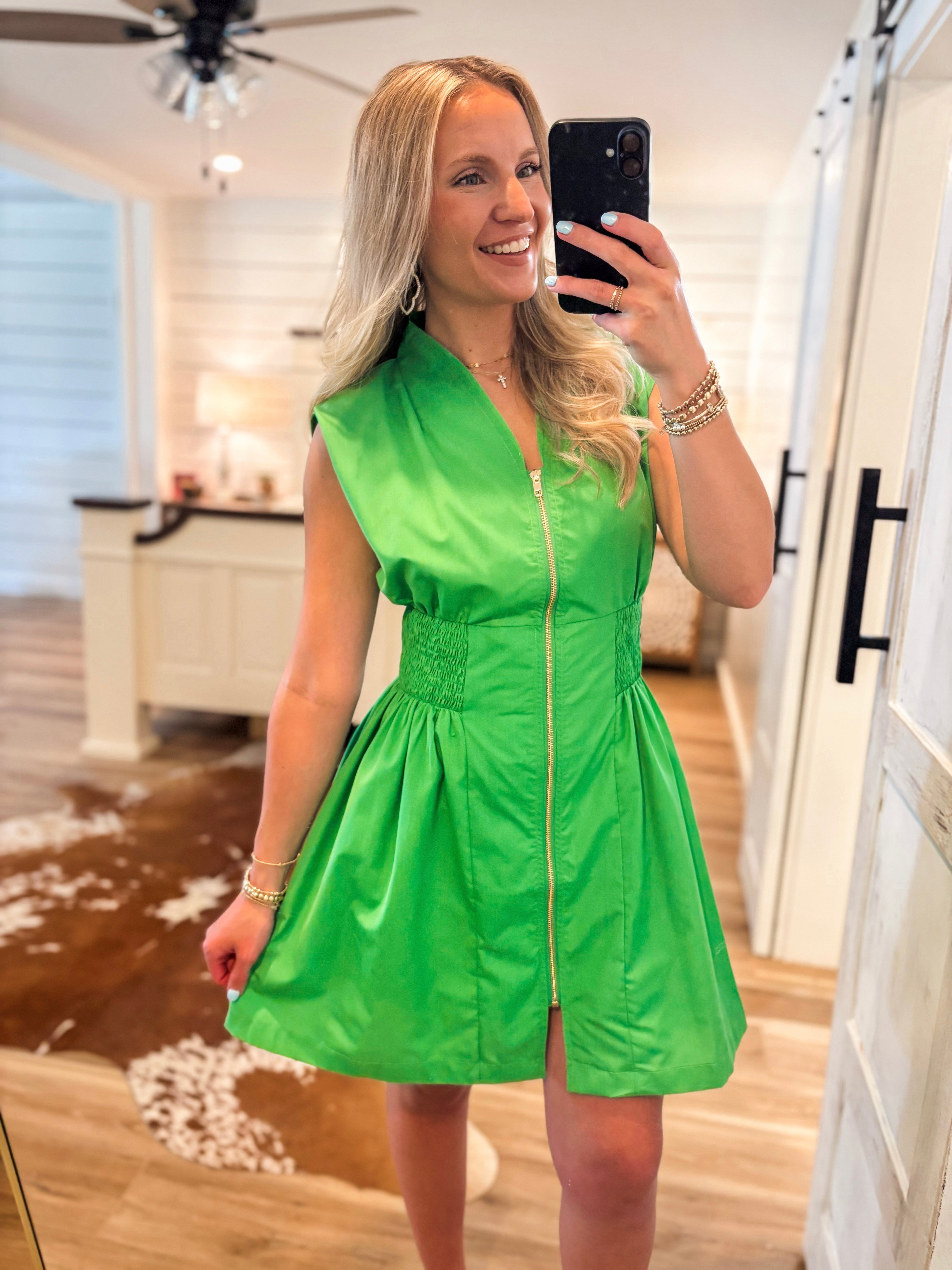 Should Be Here Kelly Green Front Zip Mini Dress