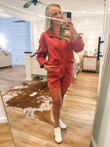 Up For It Brick Red Pullover & Shorts Set