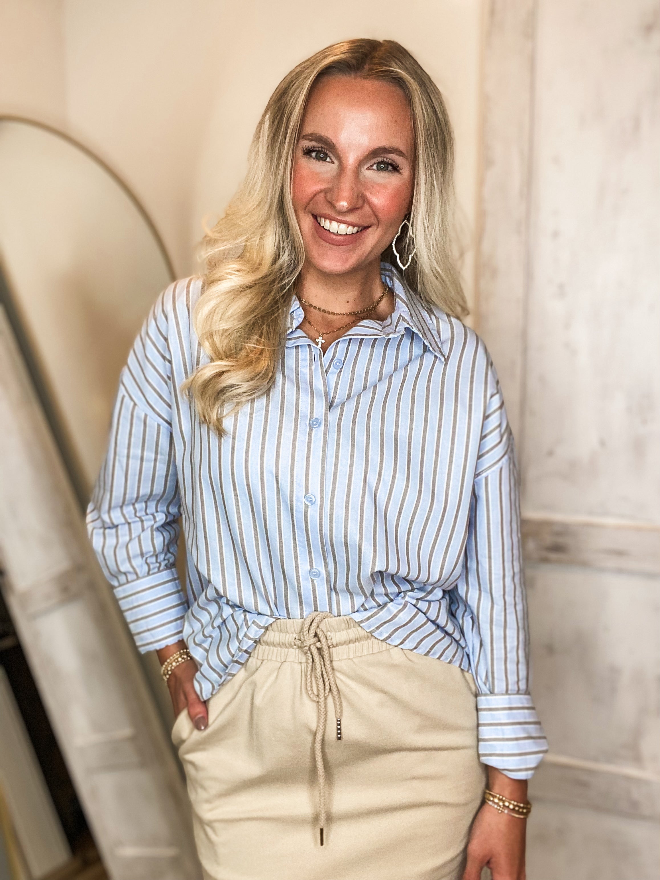 Considering You Baby Blue Striped Button Down Blouse