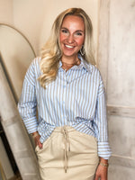 Load image into Gallery viewer, Considering You Baby Blue Striped Button Down Blouse
