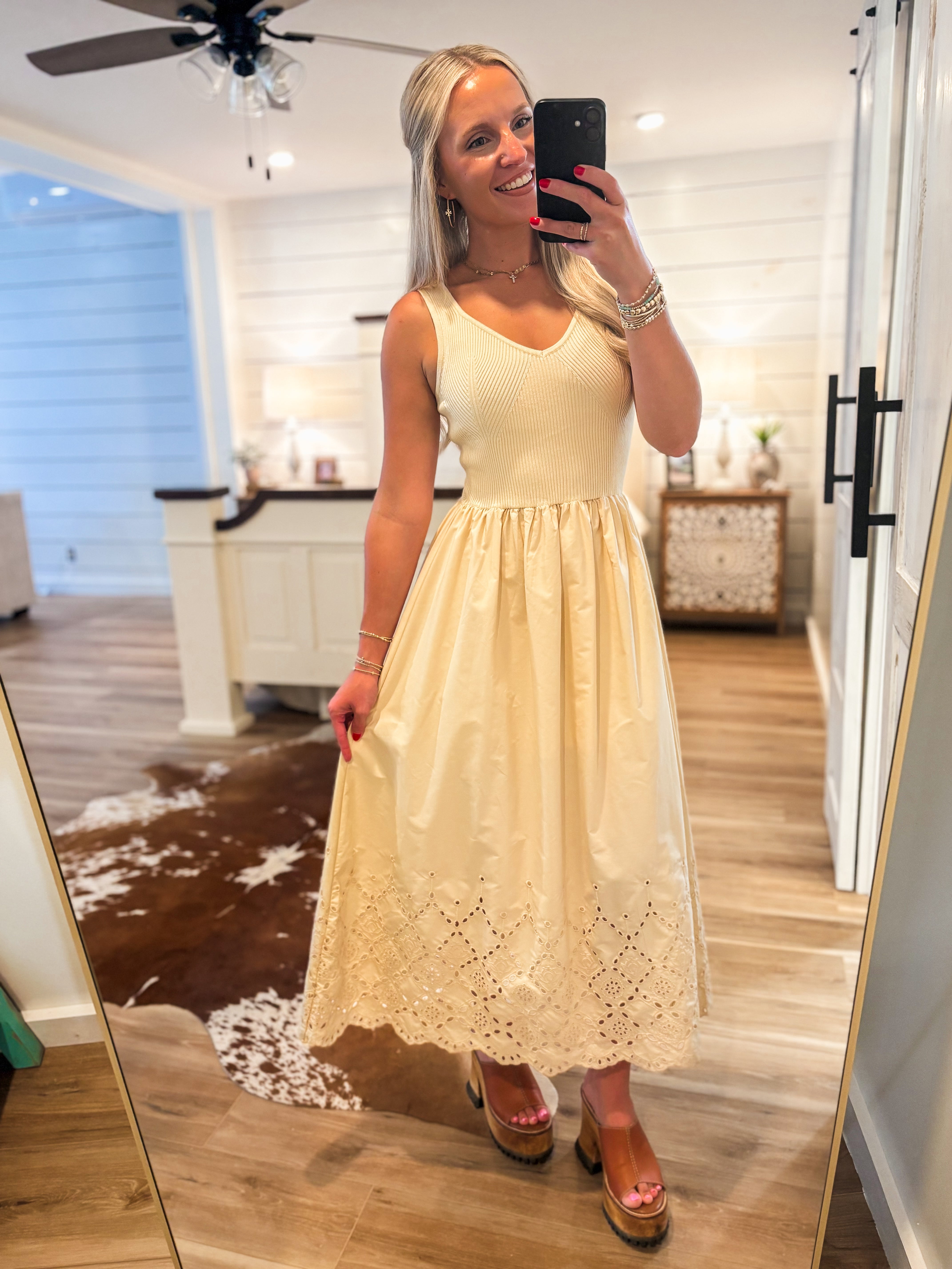 Sentimental Feeling Butter Yellow Eyelet Midi Dress