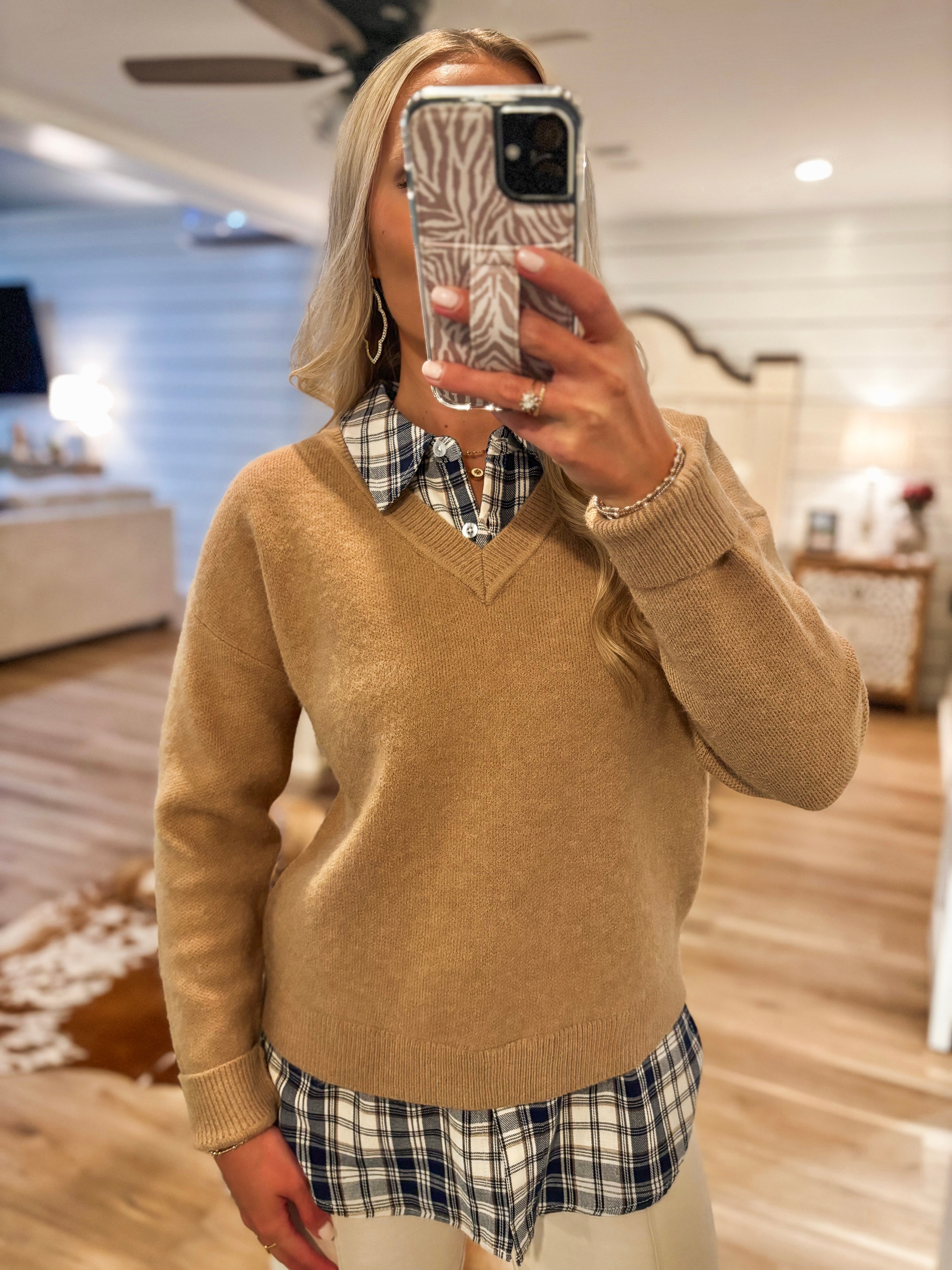 Not Once Taupe Plaid Mixed Flannel Sweater