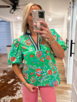 Load image into Gallery viewer, Perfect Day Kelly Green Paisley Contrast Blouse
