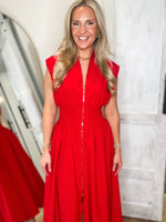 Load image into Gallery viewer, About Time Red Front Zip Midi Dress
