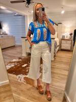 Load image into Gallery viewer, Going Places Cerulean Printed S/S Blouse

