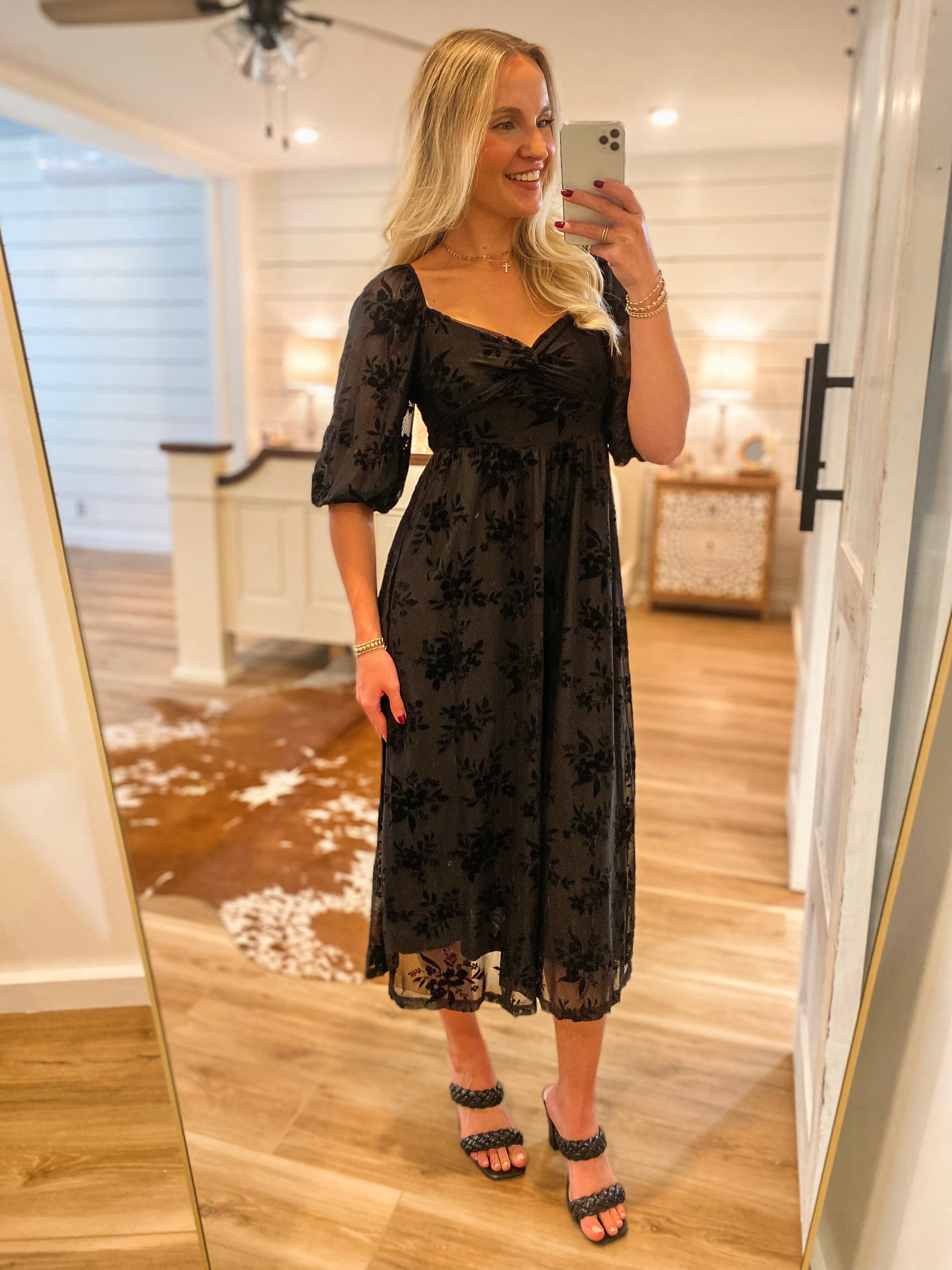 Along The Way Black Floral Velvet Midi Dress