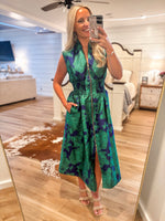 Load image into Gallery viewer, Classic Charm Royal Blue &amp; Green Floral Front Zip Midi Dress
