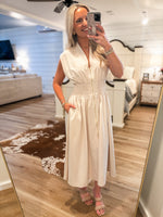 Load image into Gallery viewer, About Time Champagne Front Zip Midi Dress
