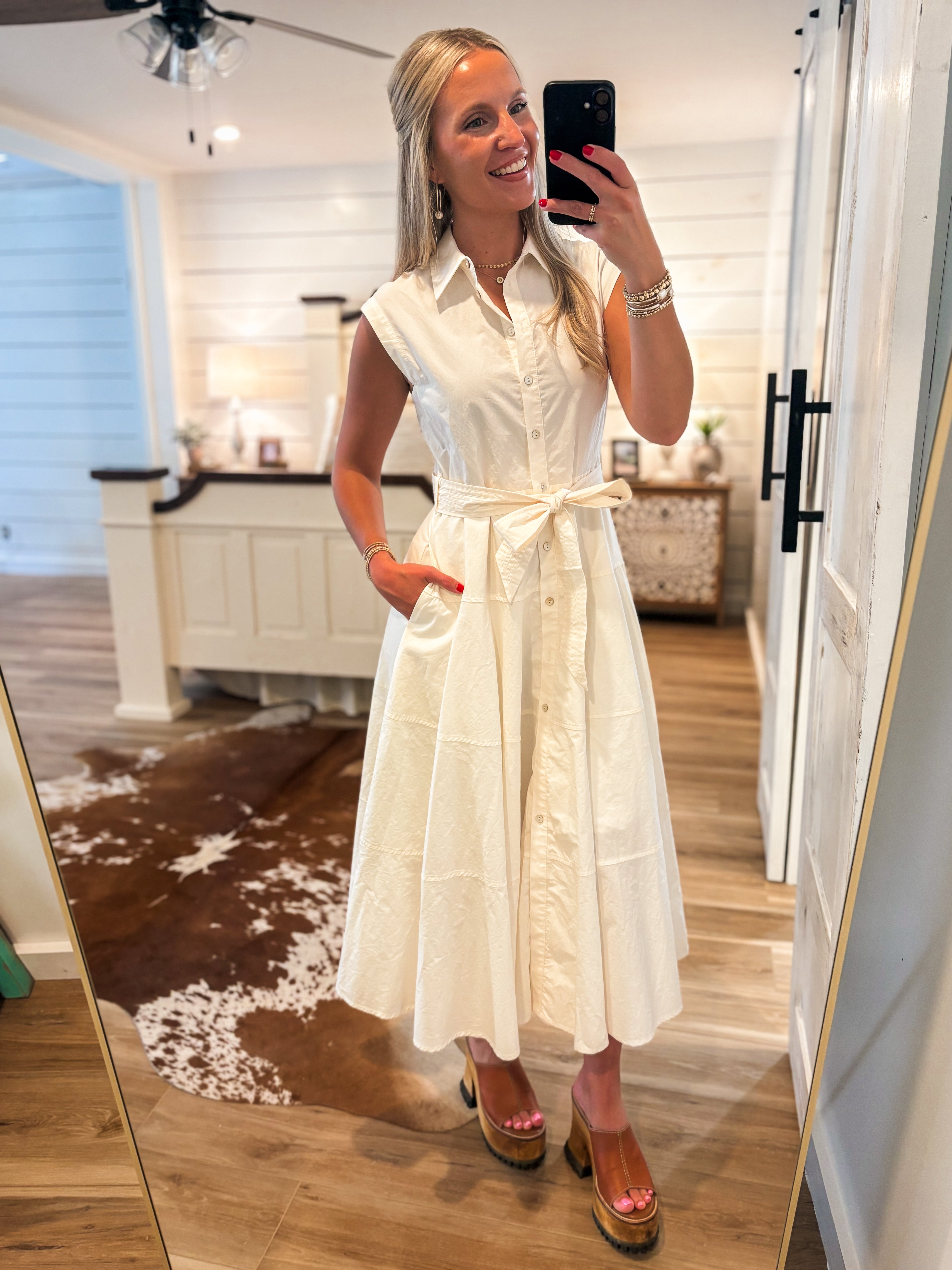 Mid-Day Dream Ivory Button Down PINCH Midi Dress