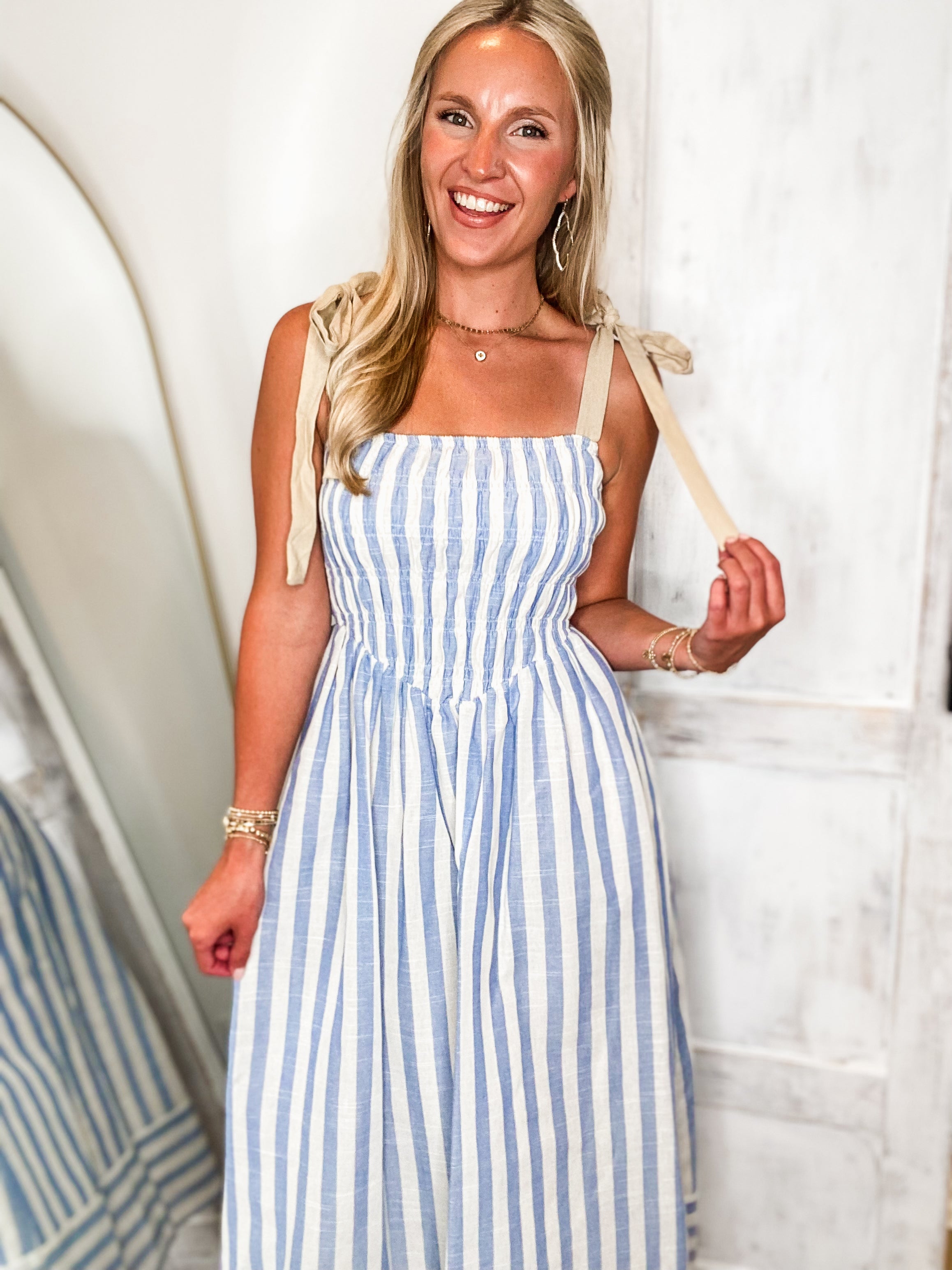 Ocean Air Ivory & Blue Stripe Linen Midi Dress