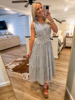 Load image into Gallery viewer, Day Outing Cream/Blue Stripe Midi Dress
