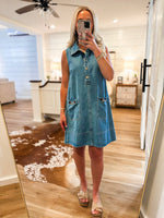 Load image into Gallery viewer, Settling Up Denim Shift Dress
