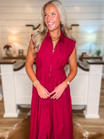 Load image into Gallery viewer, Going Along Burgundy Front Zip Midi Dress
