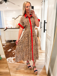 Walk Out Red Contrast Leopard Midi Dress