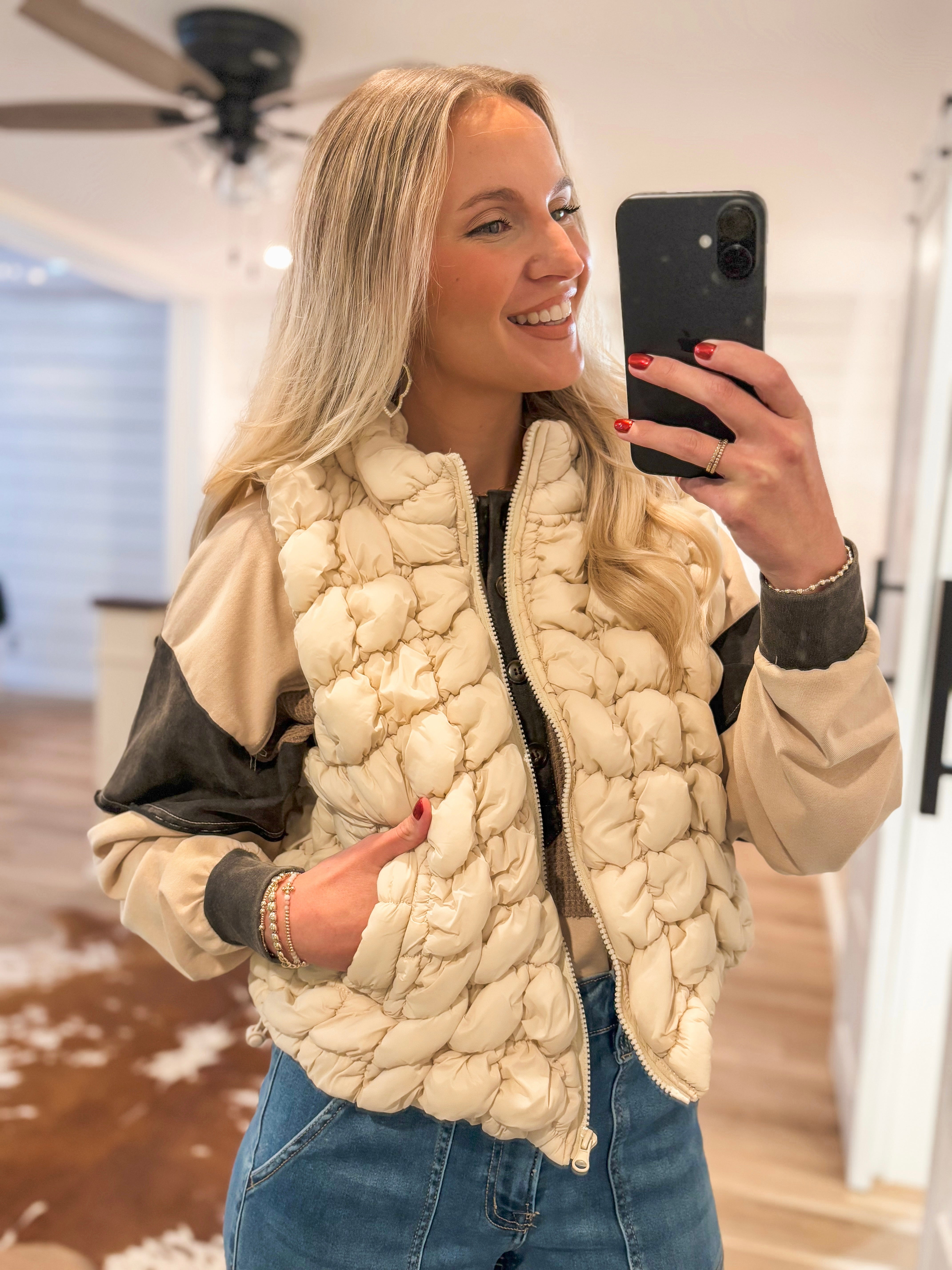 Never Bothered Quilted Bubble Ecru Puffer Vest