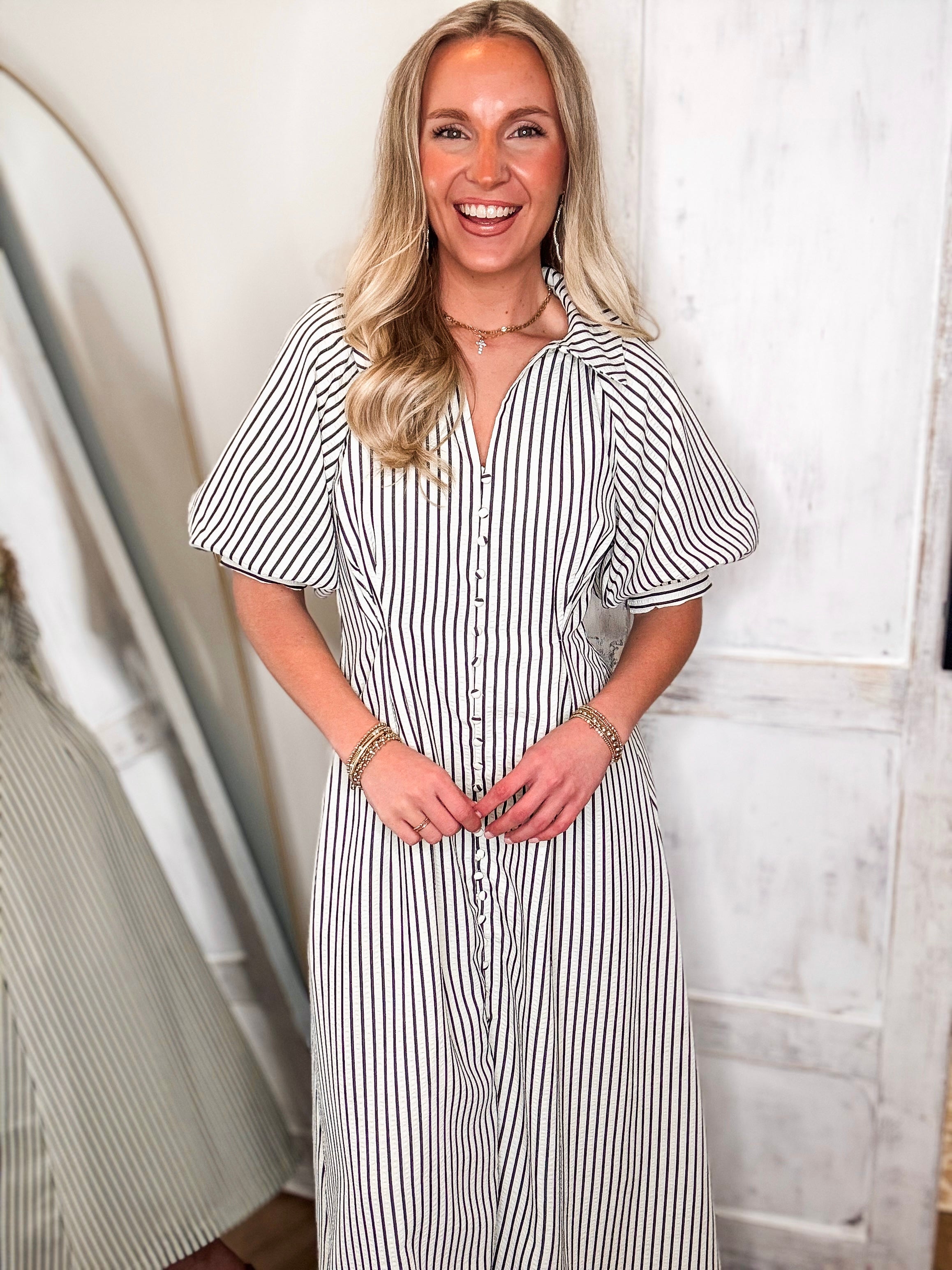 Taking Risks Black & White Striped Midi Dress