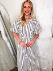 Taking Risks Black & White Striped Midi Dress