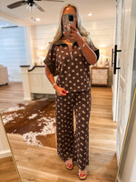 Load image into Gallery viewer, Going Places Brown Polka Dot Scuba Top &amp; Lounge Pant Set
