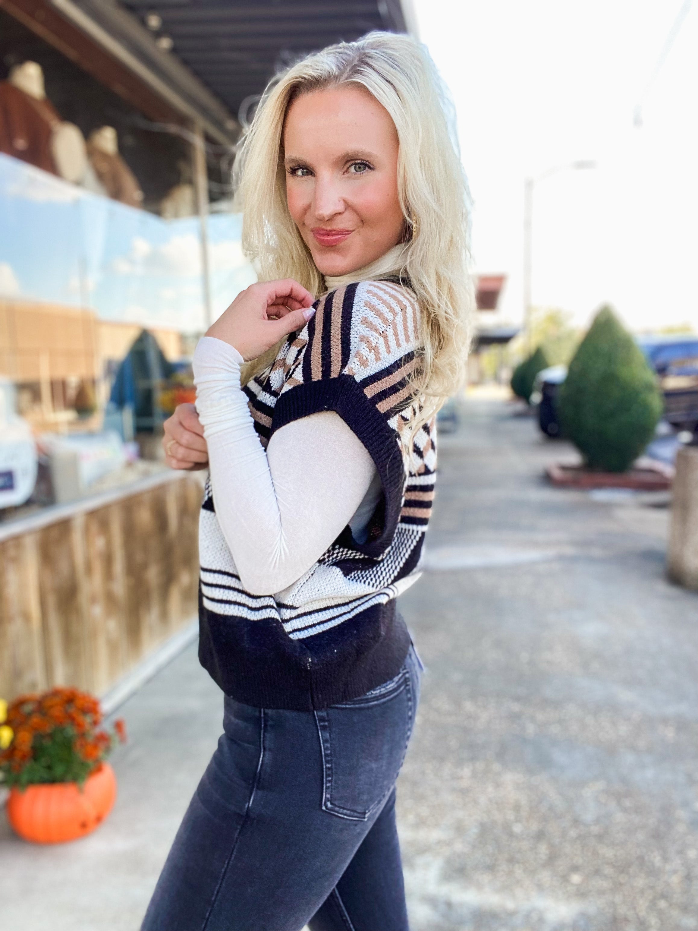 Once Again Black & Ivory Printed Sweater Vest Blouse