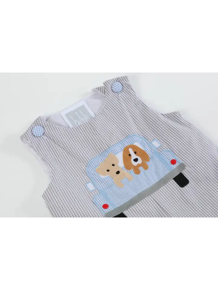 Lil Cactus Grey Gingham Puppies in Truck Shortalls