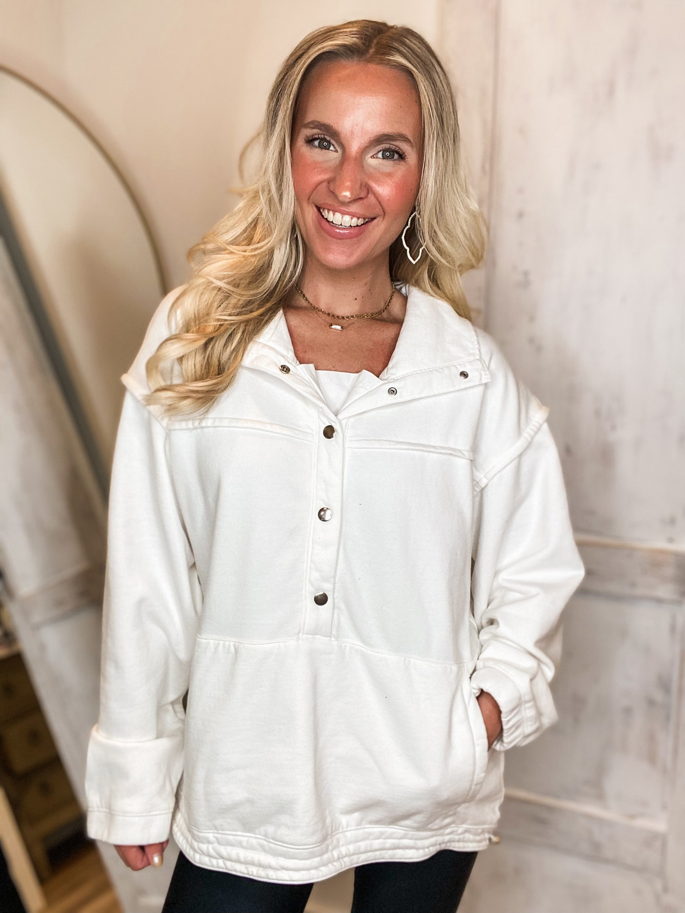 She's It Snap Button Oversized Ivory Pullover