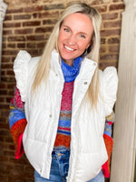Load image into Gallery viewer, Haven&#39;t You Heard White Ruffle Shoulder Puffer Vest
