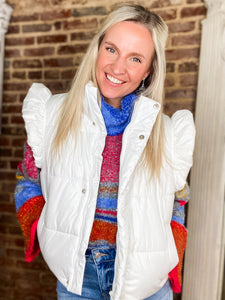 Haven't You Heard White Ruffle Shoulder Puffer Vest
