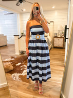Load image into Gallery viewer, Going Somewhere Navy Stripe Strapless Midi Dress
