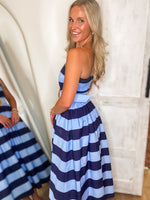 Load image into Gallery viewer, Going Somewhere Navy Stripe Strapless Midi Dress
