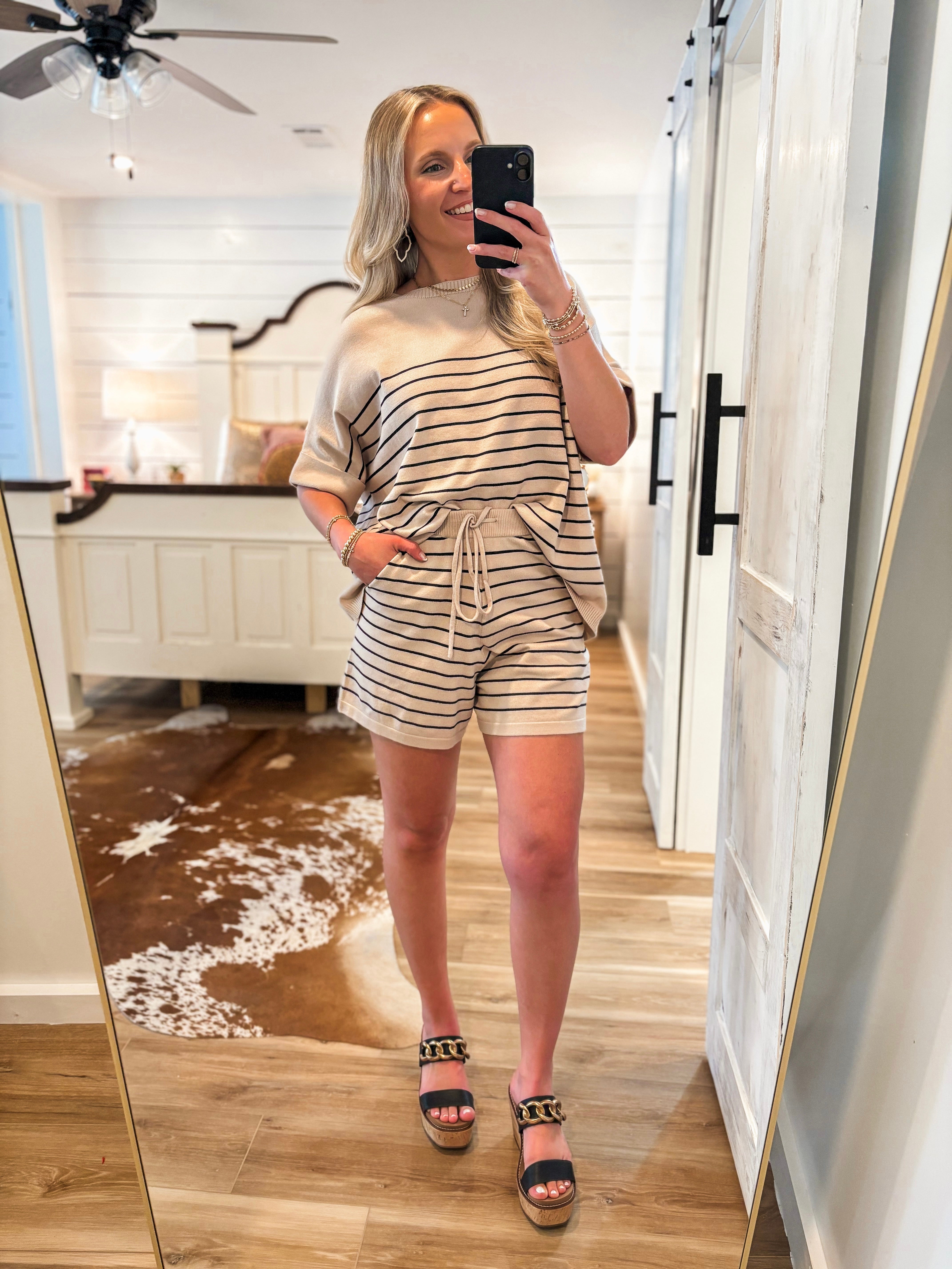 Natural Beauty Taupe & Black Stripe Knit Blouse & Shorts Set