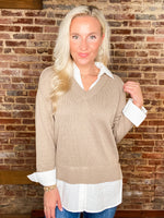 Load image into Gallery viewer, Different Perspective Taupe &amp; White Collared Sweater Blouse
