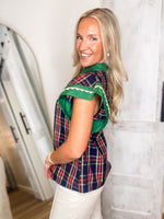 Load image into Gallery viewer, Holiday Dream Navy Plaid Contrast Blouse
