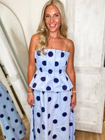 Load image into Gallery viewer, Seat Taken Blue Polka Dot Strapless Midi Dress
