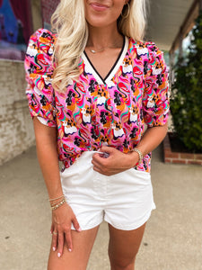 New Here Pink Printed Ruched Sleeve THML Blouse
