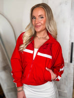 Load image into Gallery viewer, On The Go Red Cropped Windbreaker Zip Hoodie
