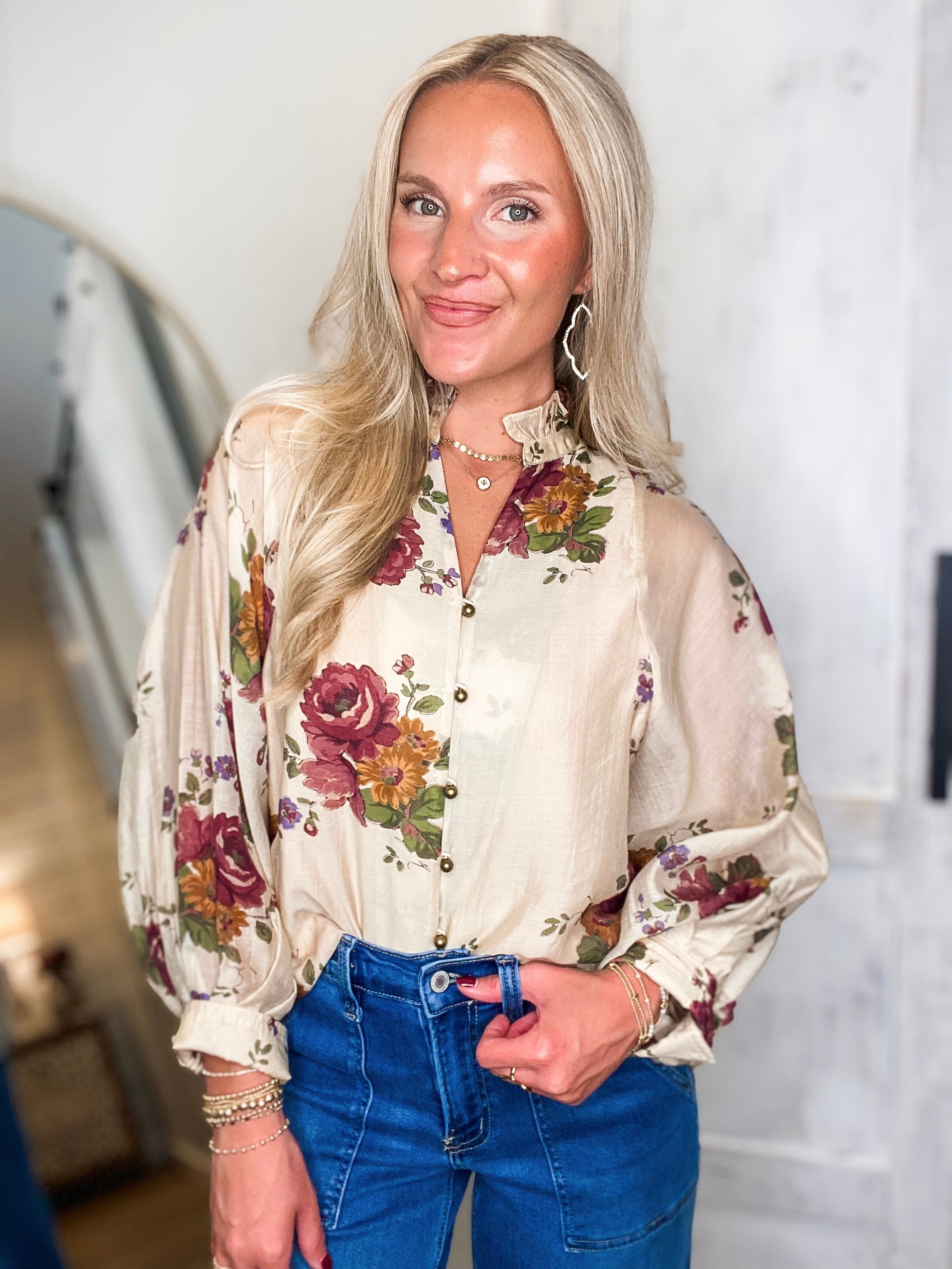 Here Now Ecru Floral Button Up Blouse