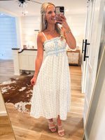 Load image into Gallery viewer, Sweet Occasion White &amp; Powder Blue Bow Midi Dress
