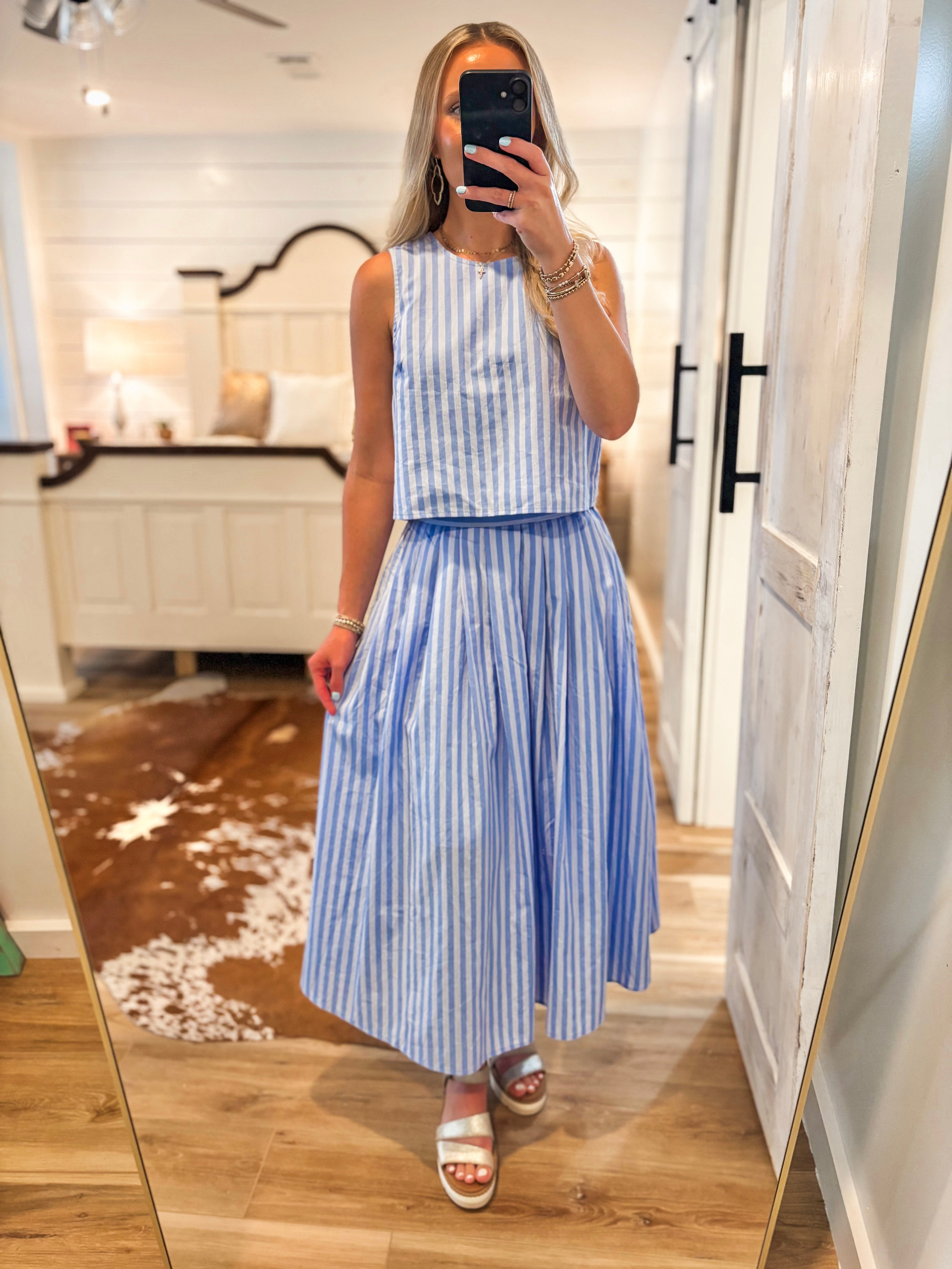 Best Is Coming Blue Striped Tank & Midi Skirt Set