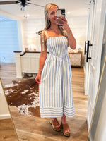 Load image into Gallery viewer, Ocean Air Ivory &amp; Blue Stripe Linen Midi Dress
