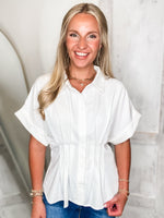 Load image into Gallery viewer, Next Time White Peplum Button Down Blouse
