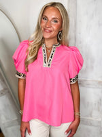 Load image into Gallery viewer, Giving My Best Neon Pink Leopard Contrast Blouse
