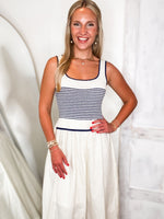 Load image into Gallery viewer, Up From Here Ivory &amp; Navy Stripe Midi Dress

