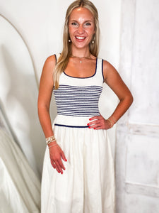 Up From Here Ivory & Navy Stripe Midi Dress
