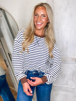 Load image into Gallery viewer, Just A Min Navy Stripe L/S Crew Top
